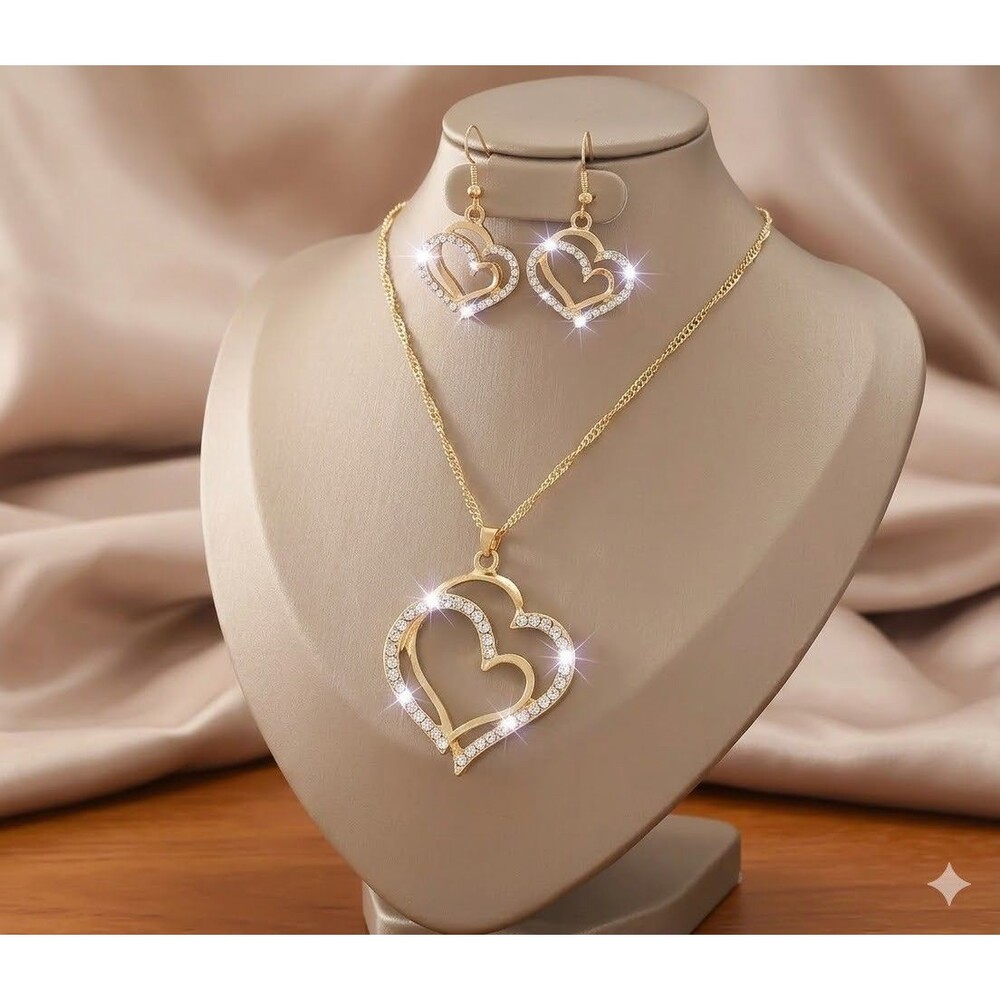 Fashion Heart Pendant Necklace & Dangle Earrings Jewelry Set Gold Tone Clear